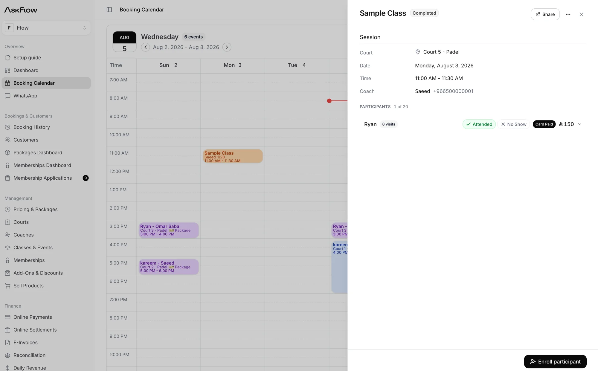 AskFlow admin dashboard showing the booking calendar and a class session with participants